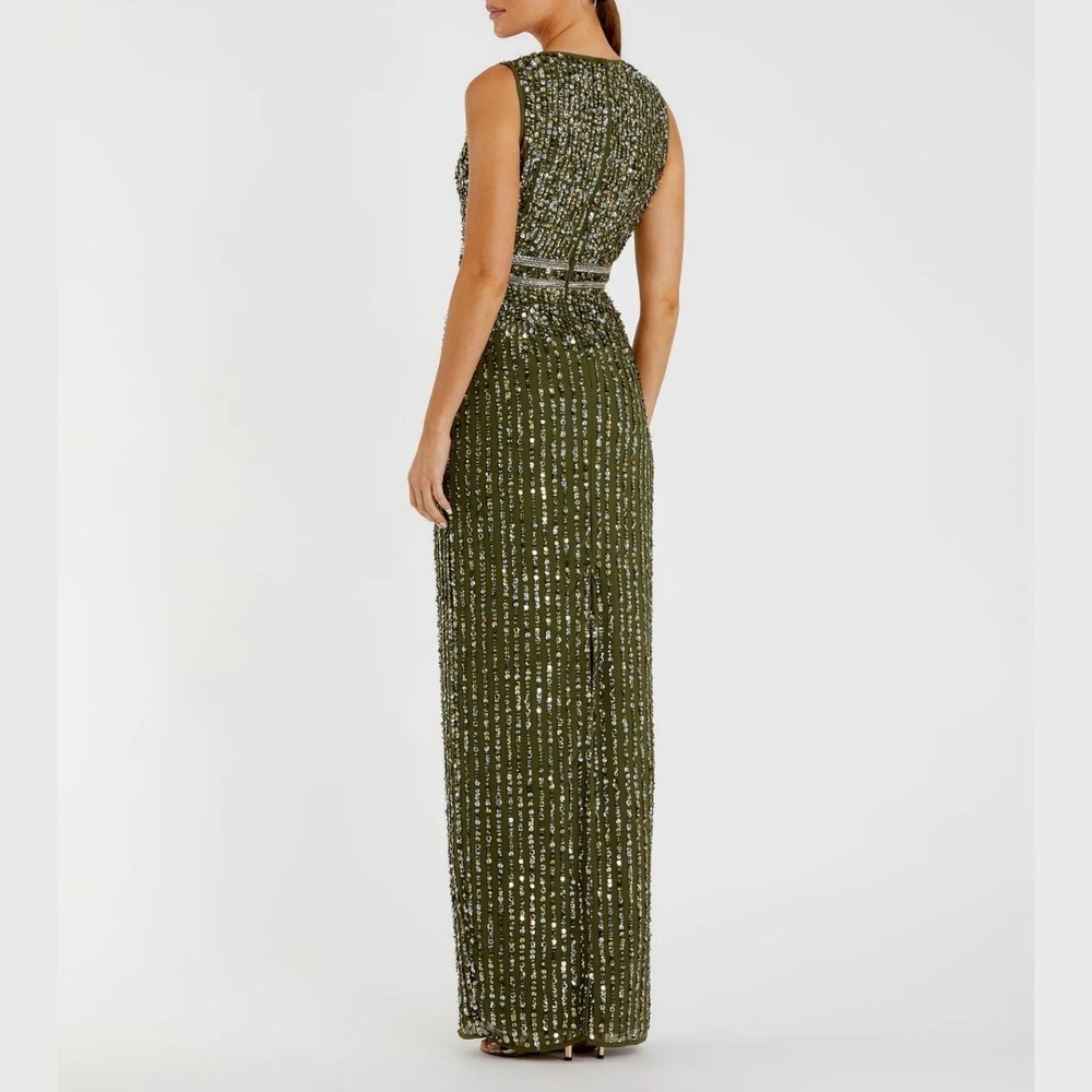 Mac Duggal Size 14 Green Silver Gold Sequin High Neck Long Maxi Gown Dress‎ - Picture 3 of 5